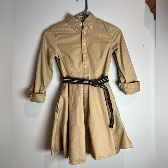 Polo Ralph Lauren Shirt Dress Belted Chino Khaki Girls Size 10 Neutral - Picture 1 of 6